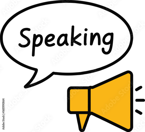 Illustration of a megaphone with a speech bubble containing the word speaking, representing communication, public address, and the power of voice isolated on white background