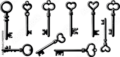 Vintage antique skeleton keys collection vector illustration with heart shaped bows 