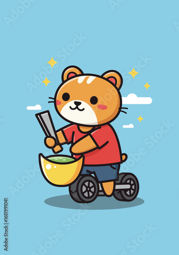 Ginger striped bear illustration stirring a brew on a segway scooter