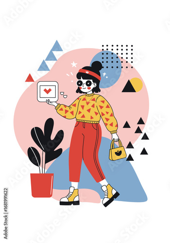 Whimsical trendy girl checks her phone, geometric shapes and flat illustration