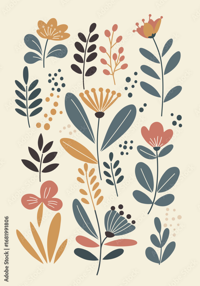 Fototapeta premium Stylized whimsical botanical pattern with floral and foliage elements