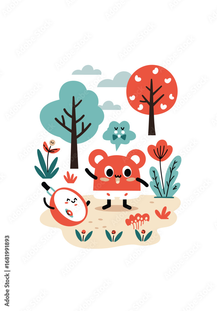 Fototapeta premium Charming woodland scene with cartoon bear character and playful frying pan