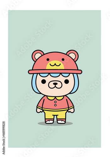 Whimsical character illustration, adorably styled with charming bear hat