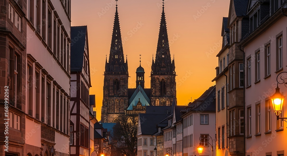 Obraz premium Worms Cathedral at Sunset - A German Architectural Masterpiece.