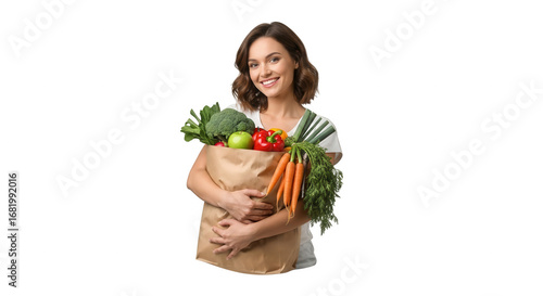 A Happy Woman Holding a Paper Bag Filled with Fresh Vegetables and Fruits Demonstrating Healthy Lifestyle Choices