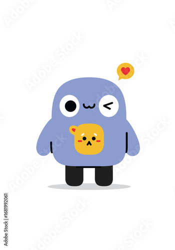 Cute whimsical blue monster with adorable bear badge full vector image