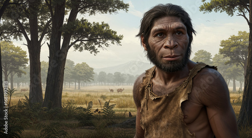 A realistic and fascinating interpretation of an archaic man, possibly Homo Erectus or Neanderthal, in his natural habitat
