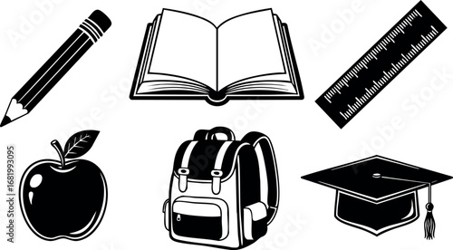 School education icons pencil book ruler apple backpack graduation cap vector illustration 