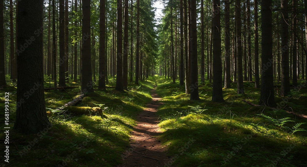 Fototapeta premium Sunlit Forest Path Bathed in Golden Light.