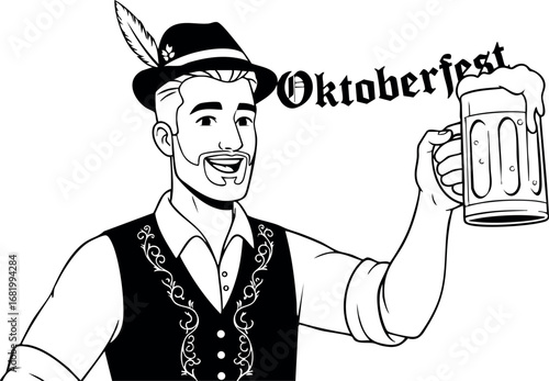 Man celebrating Oktoberfest holding beer mug in traditional costume vector illustration 