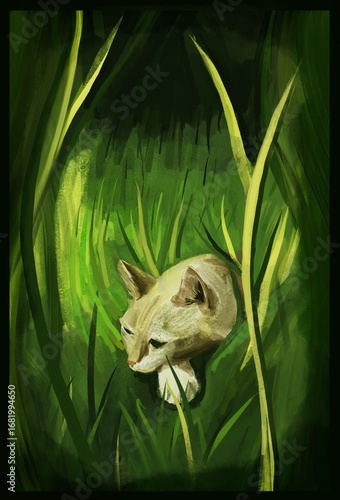 A cat lies in the grass illuminated by light