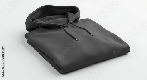 Sleek folded dark grey hoodie with drawstring detail on white background, perfect for fashion mockups
