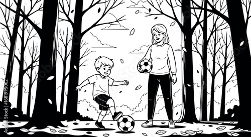 Mother and son playing soccer in autumn forest scene with falling leaves vector illustration 