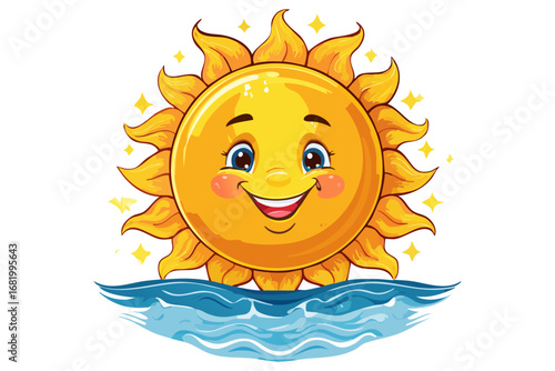 輝く笑顔の太陽が青い波の上で光るベクターイラスト