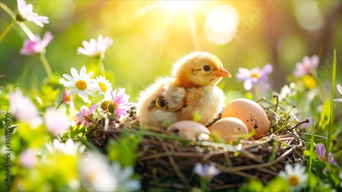 Baby chicks in a nest with eggs and flowers