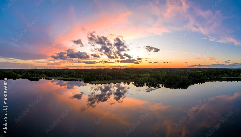 Fototapeta premium Panoramic sunset over a lake reflecting the clouds