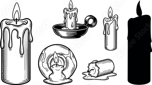 Various candle illustrations in black and white simple line art style vector 