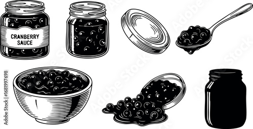 Cranberry Sauce Jars and Bowl with Spoon and Lid Black and White Drawing Vector Illustration 