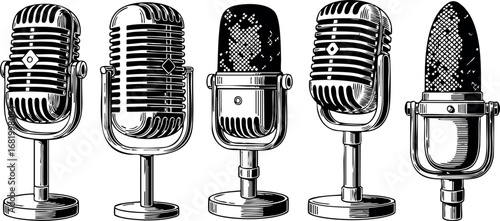 Vintage microphone collection set with detailed engraving vector illustration 