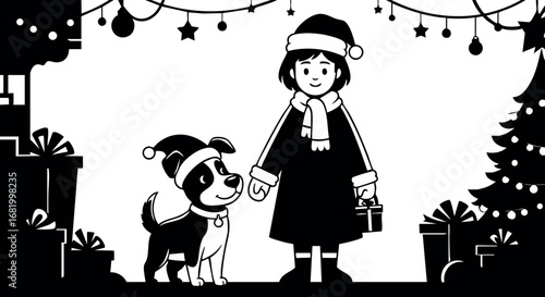 Girl and dog wearing Christmas hats with gift boxes and pine tree in winter holiday scene vector 