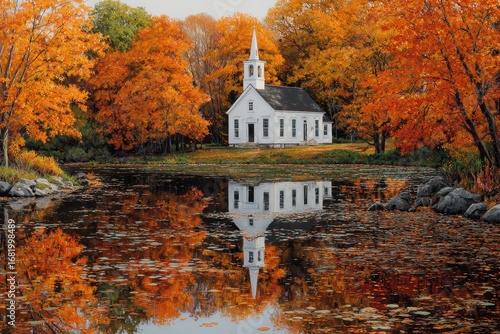 Charming white church reflected in a tranquil pond surrounded by vibrant autumn foliage