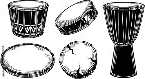 Traditional African Drums Set Vector Illustration in Black and White Style 