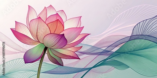 Line Art Lotus Flower with Abstract Waves, Digital Painting, Floral Design, Botanical Illustration Lotus Flower, Botanical Art