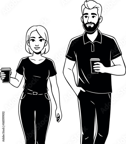 Man and Woman Walking Holding Coffee Cups Casual Clothing Vector Illustration 