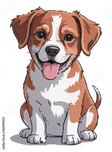 Illustration of a postcard or sticker of a cartoon cute beagle puppy on a white isolated background. Vector graphics. EPS.