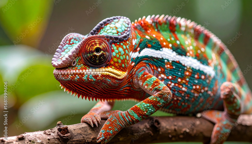 Fototapeta premium Macro photography of a Panther Chameleon perched on a branch, extreme closeup background