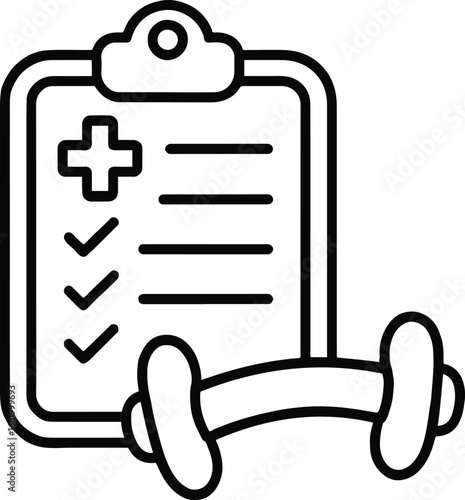 Fitness and health checklist with dumbbell isolated on white background, representing exercise plan, medical record, wellness progress, and healthy lifestyle goals for training and weight management