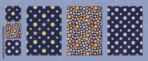 Groovy seamless floral pattern with daisy and sunflower in retro and colorful style set. This seamless pattern set brings a happy background with y2k flower smile graphic for a vibrant look.