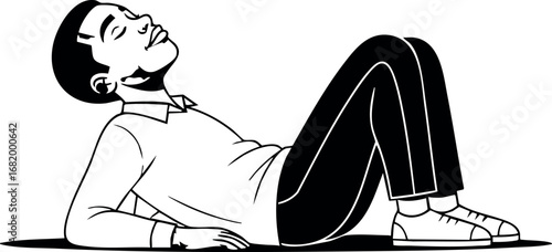 Man Relaxing on Ground in Casual Outfit Vector Illustration Black and White 