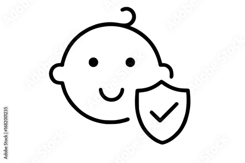 Baby head icon with shield and checkmark, symbolizing child protection and safety
