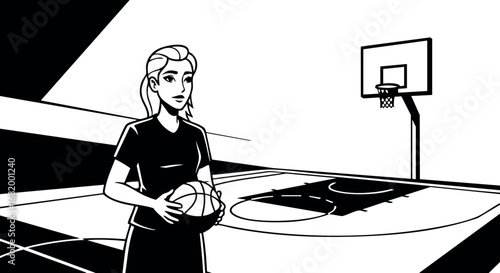 Woman basketball player holding ball on indoor court black and white vector illustration 