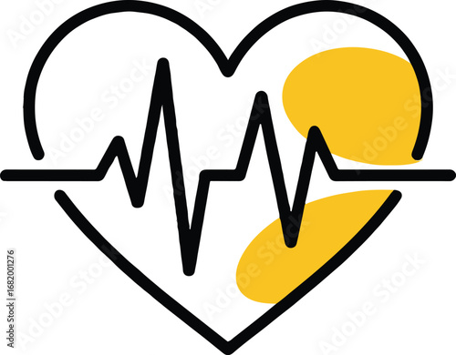 Heartbeat line in heart shape isolated on white background, representing cardiology, health, and medical care with a yellow abstract design element for graphic illustration and vital sign monitoring
