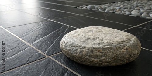 Single Stone on Dark Tile Floor Zen Garden Composition, Minimalist Design, Grey Rock Texture, Black Tiles, Pebble Background. Zen garden, minimalism