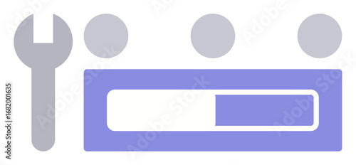 Wrench beside partially filled loading bar and three user icons, symbolizing progress, teamwork, and repair. Ideal for technology, workflow, development, maintenance, teamwork process management
