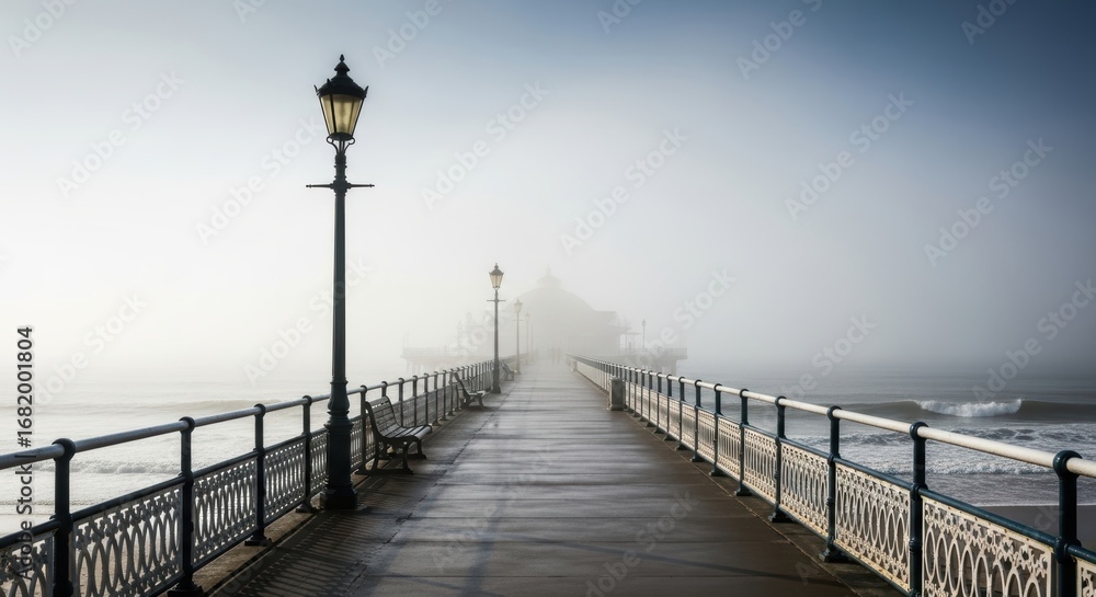 Obraz premium Foggy morning on a seaside pier with vintage street lamps and calm ocean waves
