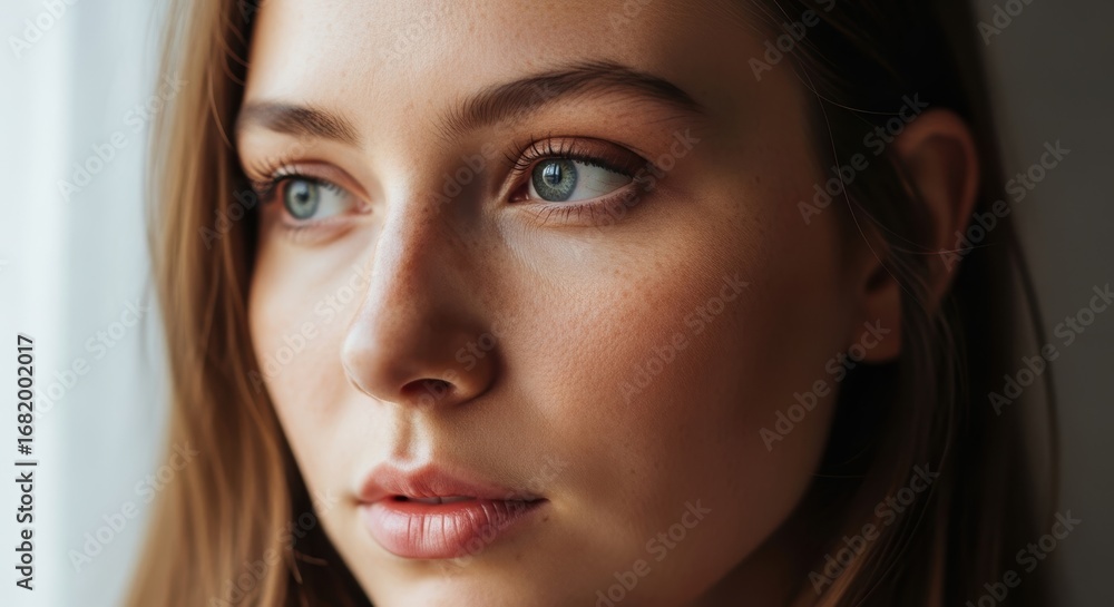 Obraz premium Close-up of young caucasian female with blue eyes and soft expression
