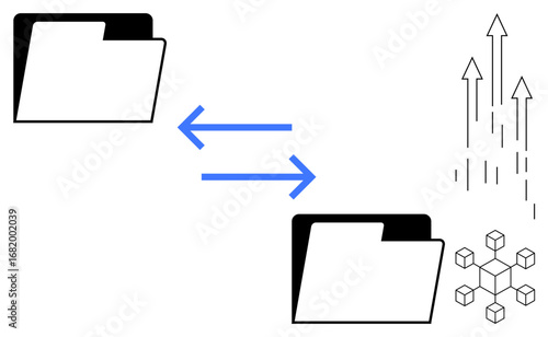 Two folders connected by double arrows represent data transfer. Abstract visuals suggest cloud migration, teamwork, analytics, and organization. Ideal for data flow, cloud computing, storage, file