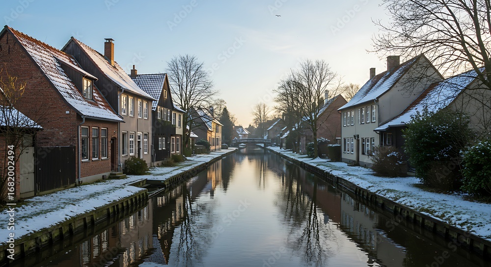 Obraz premium Winter Canal Scene in a European Town.