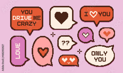 Valentines day text speech bubbles set in vintage PC pixelated style. Vector isolated elements. 14 February icons, message chats, conversation frames. Pixel art 8 bit design. Grungy rough design