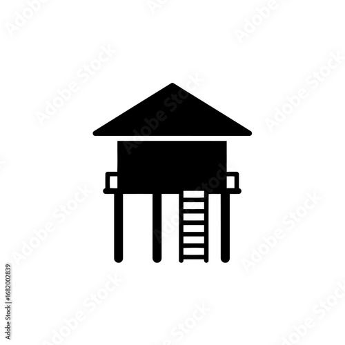 Traditional Stilt House Icon – Elevated Wooden Home Silhouette Vector