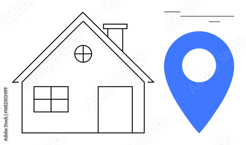 Simple house outline alongside a large blue location pin. Ideal for real estate, navigation, property search, home services, moving, local business, or geolocation themes. Flat simple metaphor