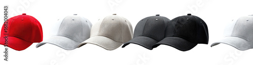 Variety of blank baseball caps in different colors
