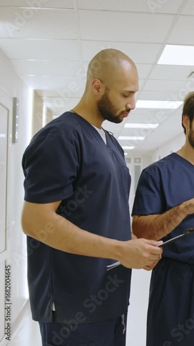 Two healthcare professionals review patient files in a hospital hallway. This is a vertical video. Nurses collaborating and discussing patient information
