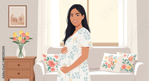 Beautiful Latina pregnant woman standing in her living room