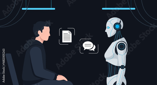 Male user interacting and chatting with an advanced AI robot