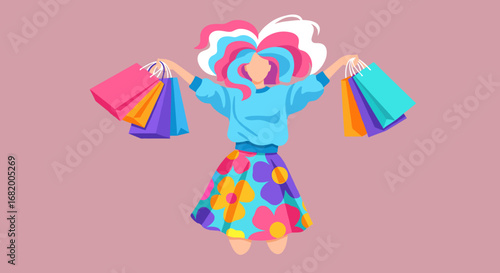 Happy female with colorful hair shopper holding colorful bags and having fun